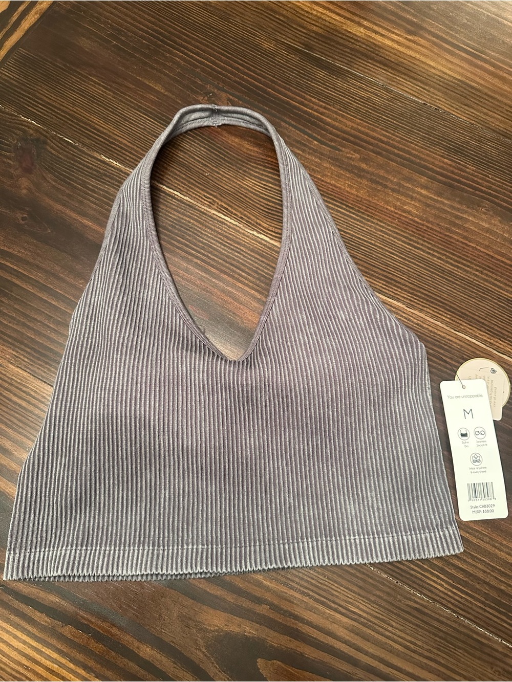 Ribbed V-Neck Halter Crop Top - Light Gray